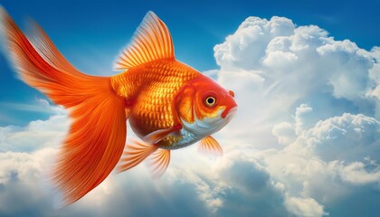 surreal painting of a goldfish with red eye and orange fins is ascending to heaven with a beautiful cloudy background