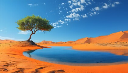 Solitary tree in vibrant orange sand against a clear blue sky, capturing the breathtaking beauty of a desert landscape