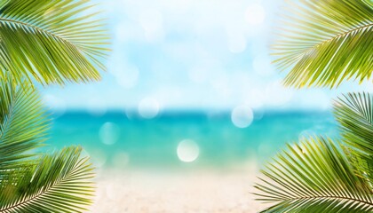 Poster - bright summer beach banner background with coconut palm tree leaves at borders