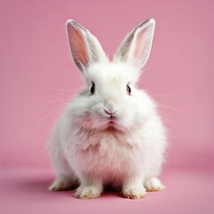 A charming image of a fluffy white rabbit sitting against a pastel pink background. The minimalistic setup emphasizes the rabbit's delicate fur and calm demeanor, making it an ideal subject for themes