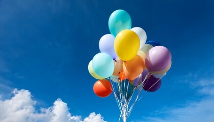 a cluster of colorful balloons with congratulatory messages floats against a bright blue sky at a graduation party generative ai