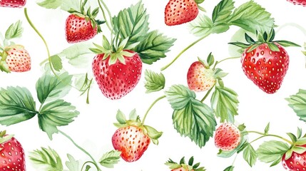 Watercolor seamless pattern featuring strawberry foliage