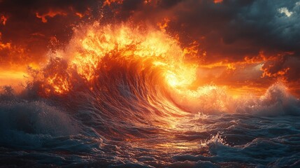 Wall Mural - Dramatic fiery sunset with a massive wave breaking in the ocean.