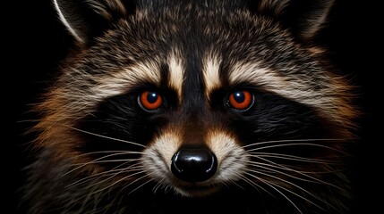 Wall Mural - close up of a racoon on black background.