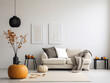 © FiligreeDigital - Modern minimalist japandi interior living room with halloween decor elements in neutral color with orange accent