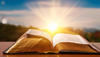 the holy bible glowing with divine light in a peaceful setting