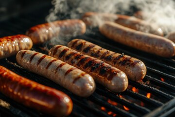 An assortment of German grilled sausages sizzling on a barbecue grill