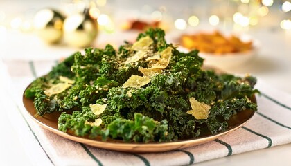 garlic parmesan kale chips visualize a healthy yet festive snack of kale chips seasoned with garlic powder and parmesan perfect for a holiday party with health conscious guests