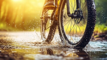 A close-up of a bicycle wheel splashing through water on a sunny day.