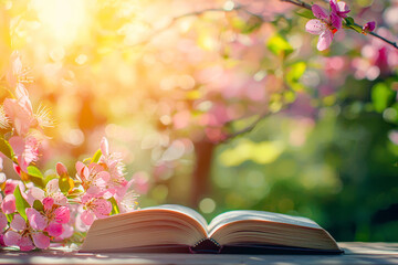 Open book on table in front of spring background.