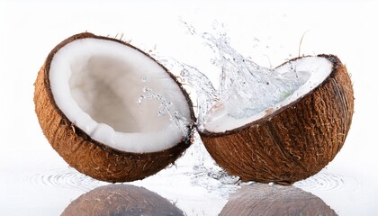 two coconuts with water splashing out isolated on a transparent background graphic resource