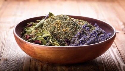 a bowl full of dried herbs and spices on a wooden table