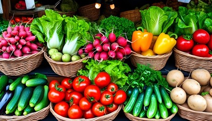 Vibrant array of fresh vegetables in baskets, embodying healthy eating and culinary creativity