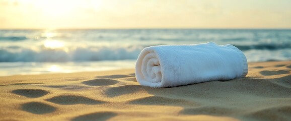 A white towel rolled up on a sandy beach with the ocean in the background.