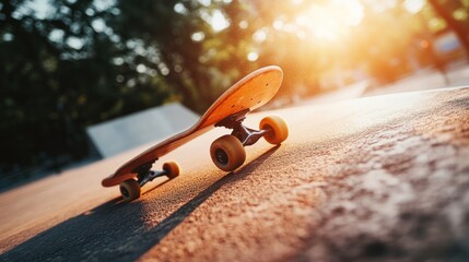 Wall Mural - A skateboard resting on a smooth surface, illuminated by warm sunlight.