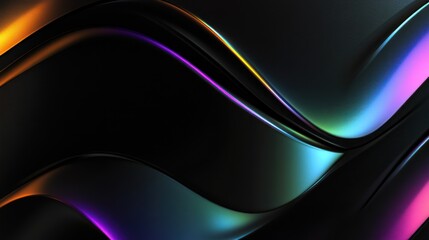 Abstract background of black with iridescent, rainbow-like curves.