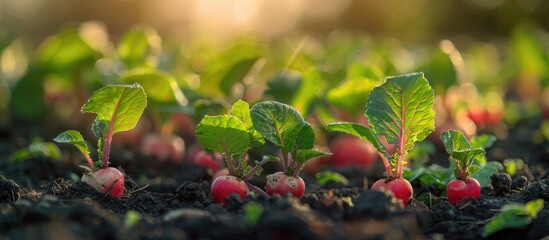 Freshly Grown Organic Radish Vegetation Thriving in Fertile Soil  A close up view of vibrant green leaves and red radish roots emerging from the rich dark earth showcasing the bounty of a healthy