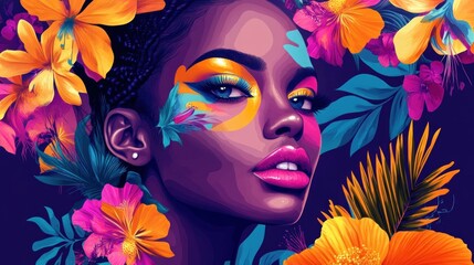 A woman with bright makeup is surrounded by colorful flowers and leaves.