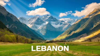 Photo of beautiful mountain landscape, natural background, blue sky with bright sun light, fresh air, green pasture valley in Lebanon mountains, scenic place, traveling and active vacation concept