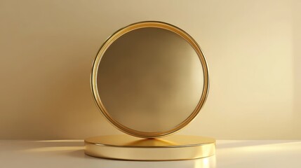 Wall Mural - Golden oval frame on a pedestal, minimalist background.