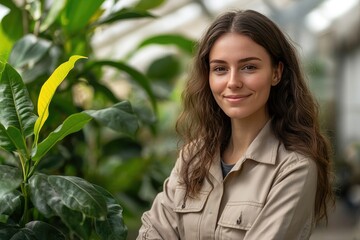 Smiling woman in a greenhouse. This photo can be used for websites and articles about gardening, agriculture, and environmentalism.