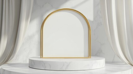 Wall Mural - Elegant White Marble Podium with a Gold Frame Arch.