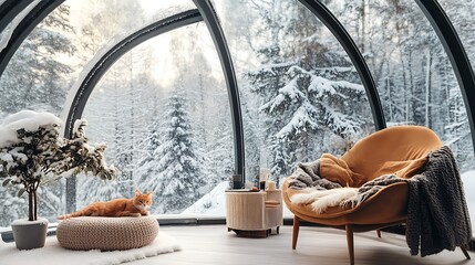 Sticker - Cozy winter cabin interior with a cat relaxing on a cushion and panoramic window view of snowy forest.