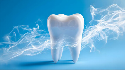 white tooth with swirling light effects creating an aura of cleanliness and health against a blue ba