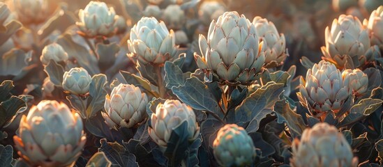 Close up shot showcasing the intricate and vibrant artichoke buds against a natural autumn backdrop  The image highlights the organic texture lush greenery