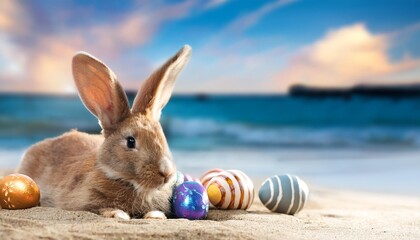 easter bunny with easter eggs on the beach generative ai