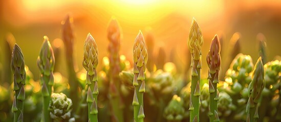 Glowing green asparagus shoots emerging from the soil in a peaceful tranquil spring field at the golden hour of sunrise  Organic healthy and sustainable food production concept with natural