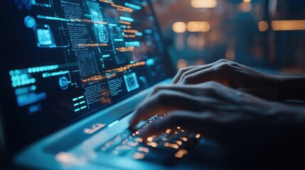close-up of hands typing on a laptop with glowing blue and orange digital code on the screen.