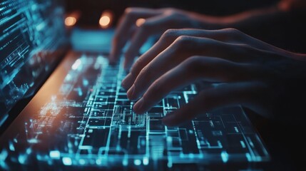 Wall Mural - close-up of hands typing on a glowing laptop keyboard with a digital interface.
