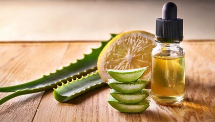 aloe vera extract in a glass bottle beside fresh aloe leaves and sliced fruit on a wooden surface generative ai