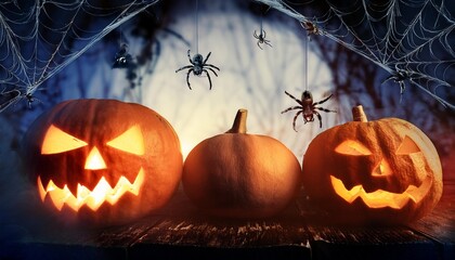 eerie night pumpkin scene with spiders