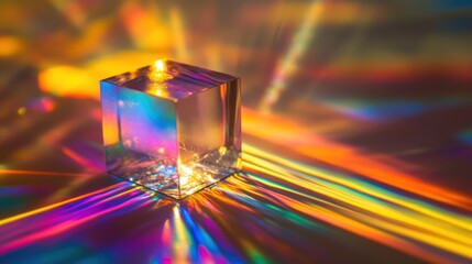 A crystal prism casts colorful rainbows on a reflective surface.