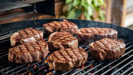 A grill with six pieces of meat on it, with smoke coming from it