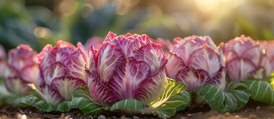 Wall Mural - Vibrant purple and pink tulip flowers blooming in a lush green spring garden with a soft blurred background  The tulips have intricate swirling petal patterns and a delicate fragrant appearance