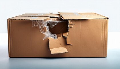 damaged cardboard box with torn and dent marks