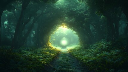 Sticker - Mystical Forest Path Leading to Bright Light with Stream