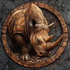 Canvas Print - Stone Carving of Rhinoceros in Round Frame