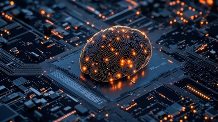 Poster - a glowing brain-shaped object sits on a circuit board, representing the intersection of technology a
