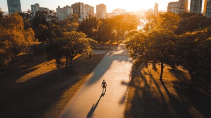 A serene park scene at sunset with a lone figure walking on a path surrounded by trees.