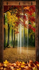 Wall Mural - Wooden surface and autumn forest