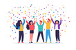 © Evhen Pylypchuk - A group of office workers celebrating a successful project with confetti and cheers in a flat art style. The minimalistic design highlights teamwork and achievement