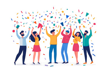 A group of office workers celebrating a successful project with confetti and cheers in a flat art style. The minimalistic design highlights teamwork and achievement