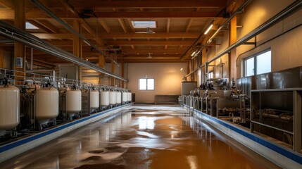 Industrial factory with stainless steel tanks, wooden beams, and a brown liquid on the floor.