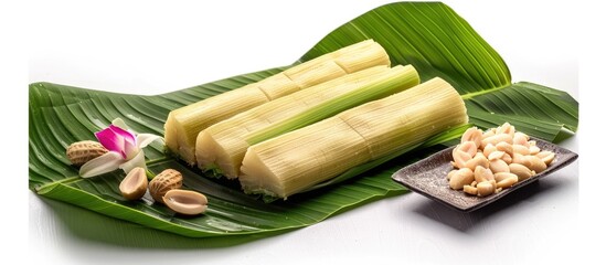 Assortment of traditional homemade ketupat a savory rice cake wrapped in green leaves displayed on a rustic wooden table along with various ingredients such as nuts peanuts and a pink flower