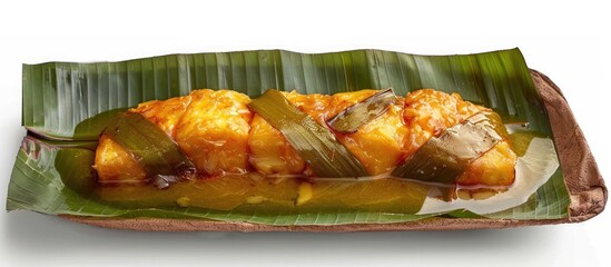 Steamed potatoes vegetables and savory curry sauce served on a natural banana leaf platter in a traditional Asian culinary presentation  The dish showcases the flavors and textures of homemade