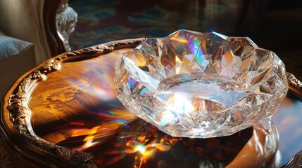 Wall Mural - Crystal bowl reflecting light on a wooden table.